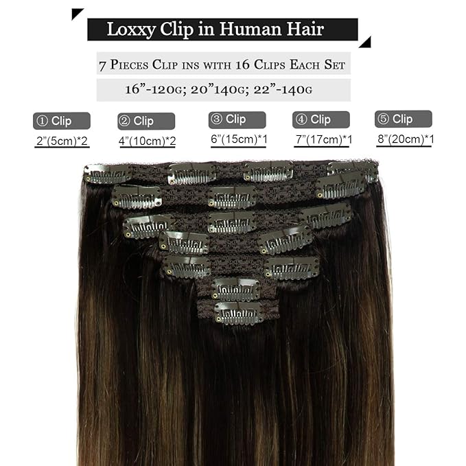 Loxxy 20inch Clip In Hair Extensions Brown Real Human Hair Clip Ins Extensions Light Dark Brown Double Weft Straight Real Hair Extensions Clip in Human Hair Thick Ends Full Head 140G 7PCS