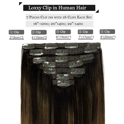Loxxy 20inch Clip In Hair Extensions Brown Real Human Hair Clip Ins Extensions Light Dark Brown Double Weft Straight Real Hair Extensions Clip in Human Hair Thick Ends Full Head 140G 7PCS
