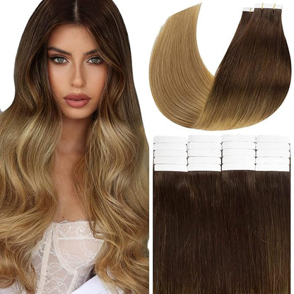 Anrosa Tape in Hair Extensions Human Hair Ombre Darker Brown to Light Golden Brown Silky Straight Real Hair Extensions Human Hair 20pcs/set 50g 14 Inch