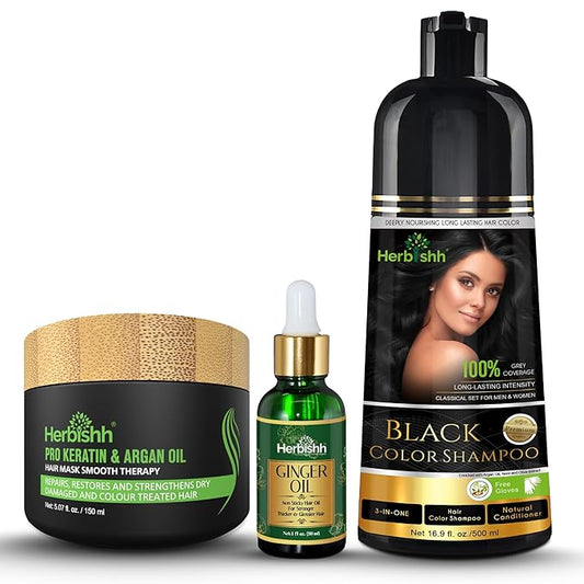 Herbishh Black Hair Dye Shampoo 3 In 1- Color Shampoo For Gray Hair Coverage 500 ML, Argan Oil & Pro Keratin Deep Conditioning Hair Mask 150gm and Ginger Essential Oil Serum For Hair Growth 30ml