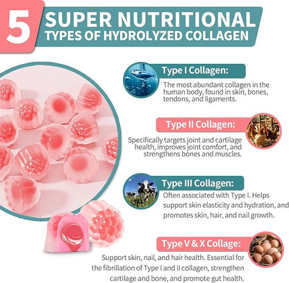Collagen Gummies for Women Sugar Free, Hydrolyzed Collagen Peptides Gummies Type I, II, III, V, X with Biotin, Zinc Vitamins C A B D E for Skin Hair Nails, Bone