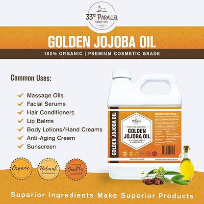 33rd PARALLEL | Golden Jojoba Oil (32 oz) Cold Pressed & Unrefined; Non-GMO; 100% Pure & Natural Hexane Free | Moisturizing Oil for Skin, Face, Hair & Nails | 32 FL OZ