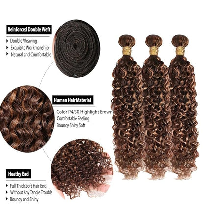 Ombre Two Tone Brown and Dark Brown Kinky Curly Bundles 22 24 26 Inch P430 Highlight Chocolate Color Curly Wave Bundles Brazilian Virgin Double Weft Hair Extensions Soft and Silky