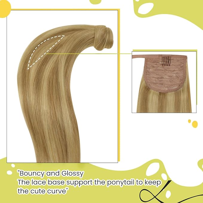 RUNATURE Ponytail Extension Real Human Hair, Blonde Highlight Human Hair Ponytail for Women, Wrap Around Hairpiece with Magic Paste, 12 Inch 70g #16P24 Golden Blonde Highlights