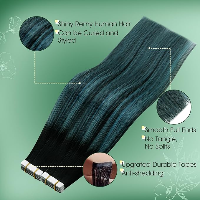 RUNATURE Human Hair Tape in Extensions 18 Inch Ombre Black Fading to Teal Long Invisible Tape in Hair Extensions Human Hair Straight Dark Blue Hair Extensions Tape in Real Human Hair Silky 50g 20pcs