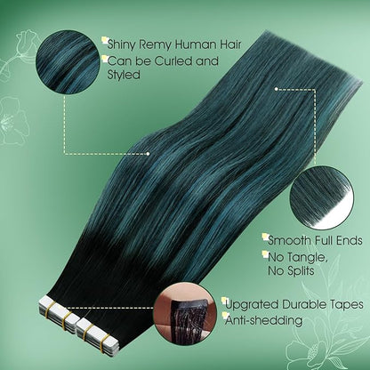 RUNATURE Human Hair Tape in Extensions 18 Inch Ombre Black Fading to Teal Long Invisible Tape in Hair Extensions Human Hair Straight Dark Blue Hair Extensions Tape in Real Human Hair Silky 50g 20pcs
