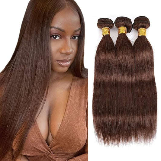#4 Brown Bundles Human Hair Straight Bundles 14 16 18 Inch Human Hair Weave 3 Bundle Unprocessed Brazilian Virgin Hair Chocolate Straight Human Hair Extensions 50 Grams/Bundle