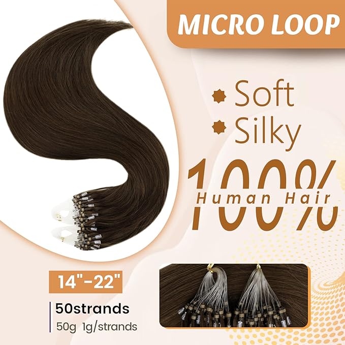 RUNATURE Real Hair Micro Loops Extensions Dark Brown Pre Bonded Human Hair Extensions Micro Rings Brown Microbeads Hair Extensions Human Hair 22 Inch 50g/50s