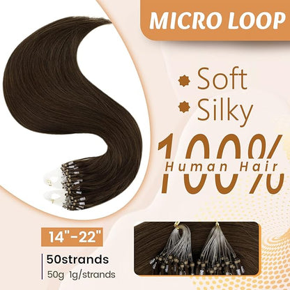 RUNATURE Real Hair Micro Loops Extensions Dark Brown Pre Bonded Human Hair Extensions Micro Rings Brown Microbeads Hair Extensions Human Hair 22 Inch 50g/50s