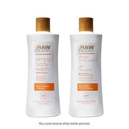 RAW SUGAR Simply Body Wash - Raw Coconut + Mango, Moisturizing & Soothing Bath & Shower Gel, Sulfate-Free, Paraben-Free & Vegan (Pack of 3)