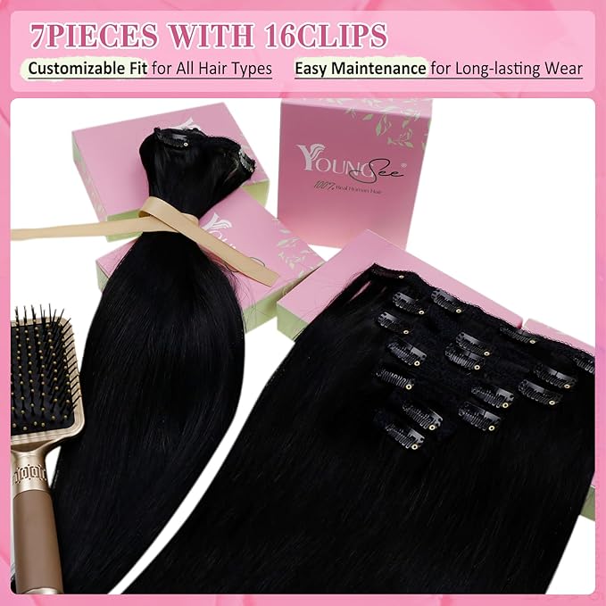 YoungSee 135G Clip in Human Hair Extension Straight Hair Extensions Clip ins Jet Black Clip on Human Hair Extensions Real Human Hair 18Inch 7Pcs