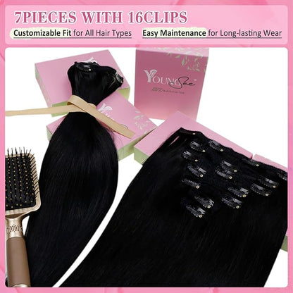 YoungSee 150G Black Clip in Hair Extensions Straight Hair Extensions Clip ins Black Clip on Hair Extensions Jet Black Clip on Hair Extensions Real Human Hair Add Volume 7Pcs 24Inch