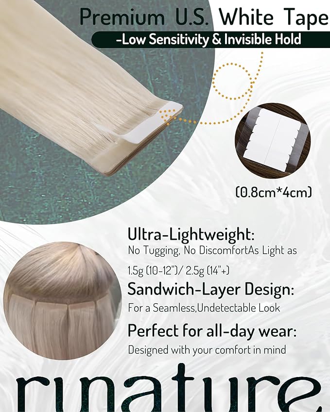 RUNATURE Tape in Hair Extensions Human Hiar Blonde Hair Extensions Tape Ins 28 Inch Long Tape in Extensions Human Hair Silky Remy Hair for Women 50g 20pcs #800 White Blonde