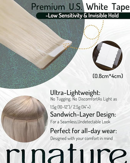RUNATURE Tape in Hair Extensions Human Hiar Blonde Hair Extensions Tape Ins 28 Inch Long Tape in Extensions Human Hair Silky Remy Hair for Women 50g 20pcs #800 White Blonde
