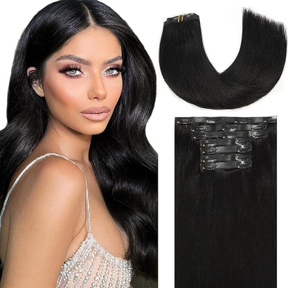 Loxxy Seamless Clip in Hair Extensions 16Inch 130G 7Pcs Jet Black Remy Hair Extensions Clip in Human Hair Invisible PU Skin Weft Natural Real Human Hair Extensions Silky Straight