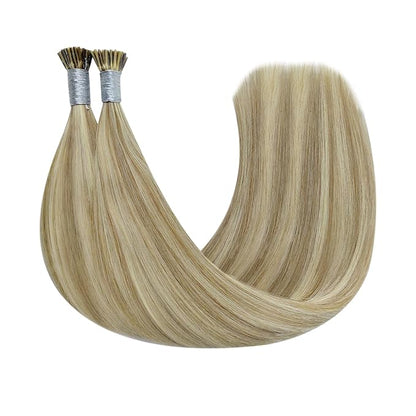 YoungSee I Tip Hair Extensions Human Hair Brown I Tips Hair Extensions Real Human Hair Light Brown with Blonde Highlight Tip Hair Extensions Real Human Hair Short Hair Extensions 14 Inch 80s 50g
