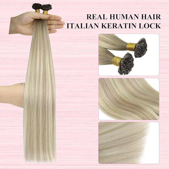 YoungSee U Tip Hair Extensions Human Hair Ash Blonde with Platinum Blonde Balayage Utip Real Hair Extensions for Women Keratin Hair Extensions Human Hair Balayage U Tips Hair Extensions 20In 1G/S 50G