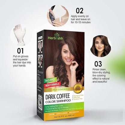 Herbishh Hair Color Shampoo for Gray Magic Dye Colors in Minutes Long Lasting 500ml 3-In-1 Color Ammonia-Free (Dark Coffee)