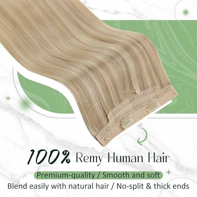 RUNATURE Wire Human Hair Extensions Dark Blonde Highlight Golden Blonde Fish Wire Hair Extensions Real Human Hair Invisible Wire Hair Extensions 16 Inch 80g