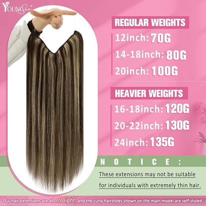 YoungSee 120G Wire Hair Extensions Highlight Fish Line Hair Extensions Human Hair Dark Brown Highlight Blonde Invisible Wire Real Human Hair Extension Heat-Styable for Party 18inch
