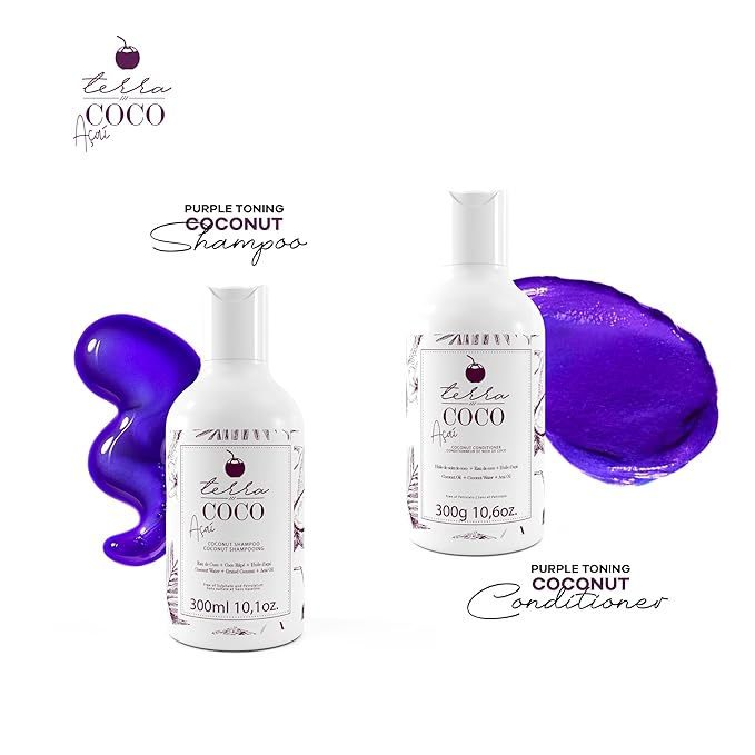 Terra Coco Açai Home Care Purple Toning Shampoo & Conditioner | Vegan | Moisturizing and Nourishing Line for Bleached Depigmented Hair