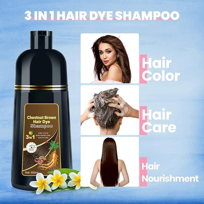 Hair Dye Shampoo for Gray Hair Coverage, 3-in-1 Semi-Permanent Color Shampoo for Women & Men Chestnut Brown