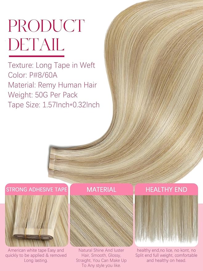 Lacer 16 Inch Long Weft Tape in Hair Extensions Light Brown With Platinum Blonde Tape in Weft Extensions 50g One Piece DIY Hair Extensions 31.5" (80cm)