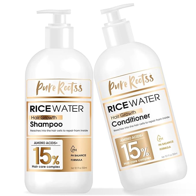Rice Water Shampoo and Conditioner Set for Thinning Hair - with Natural Ingredients including Biotin and Caffeine, Men and Women