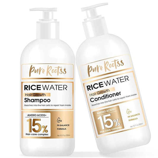 Rice Water Shampoo and Conditioner Set for Thinning Hair - with Natural Ingredients including Biotin and Caffeine, Men and Women