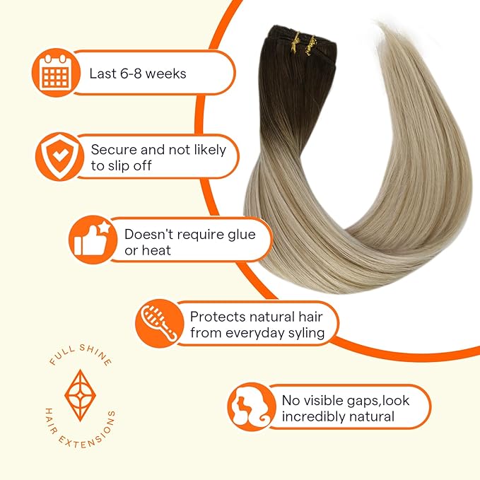 Full Shine 22 Inch Weft Hair Extensions Sew In Extensions Remy Satraight Hair Machine Tied Weft Extensions Color Dark Brown To Dirty Blonde Mix Blonde Human Hair Bundles 105G