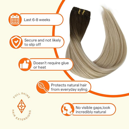 Full Shine 22 Inch Weft Hair Extensions Sew In Extensions Remy Satraight Hair Machine Tied Weft Extensions Color Dark Brown To Dirty Blonde Mix Blonde Human Hair Bundles 105G