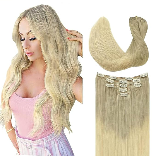 DOORES Classic Clip Seamless Clip, 5pcs 75g 14 Inch Balayage Ash Blonde to Golden Blonde and Platinum Blonde