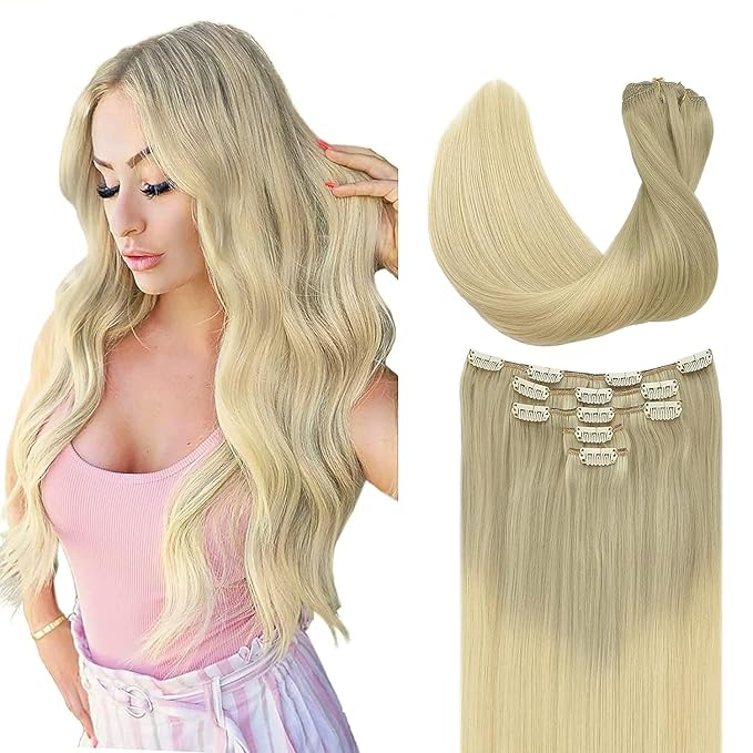 DOORES Classic Clip Seamless Clip, 5pcs 85g 22 Inch Balayage Ash Blonde to Golden Blonde and Platinum Blonde