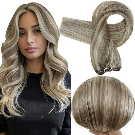 Full Shine Sew In Hair Extensions Real Human Hair Weft Hair Extensions Remy Straight Hair Weft Extensions Color Ash Brown Highlight Blonde Machine Tied Weft Extensions 12 Inch 80G