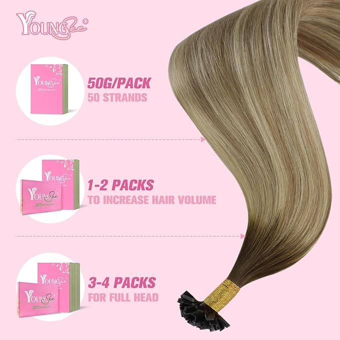 YoungSee K Tip Extensions Human Hair Balayage Brown K Tip Extensions Real Human Hair Dark Brown Ombre Brown Mix Blonde Fusion Hair Extensions Human Hair for Long Hair 22 Inch 50s/50g