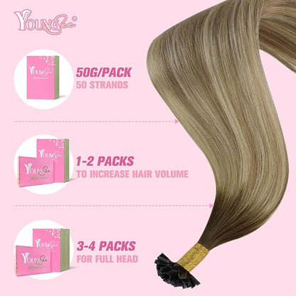 YoungSee K Tip Extensions Human Hair Balayage Brown K Tip Extensions Real Human Hair Dark Brown Ombre Brown Mix Blonde Fusion Hair Extensions Human Hair for Long Hair 22 Inch 50s/50g
