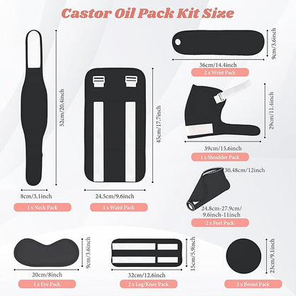 12 Pcs Castor Oil Pack Wrap-Black, Castor Oil Pack Organic Cotton for Knees Shoulder Hands Neck Waist Chest and Feet, Adjustable Compress Pads for Entire Body