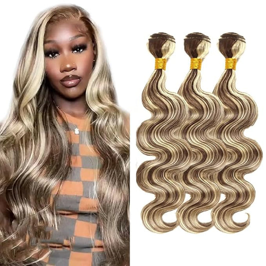 Highlight Human Hair Bundles Blonde Body Wave Bundles 12 14 16 Inch Niegmeag Hair Grade 8A Brazilian Virgin Remy Hair Extensions Double Weft Real P4/613 Hair Weave