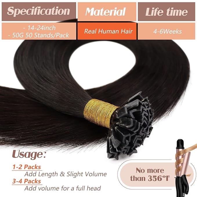 Sunny Hair Ktip Human Hair Extensions 18inch K Tip Hair Extensions Human Hair Dark Brown Keratin Real Human Hair Extensions for a Fuller Look 50g
