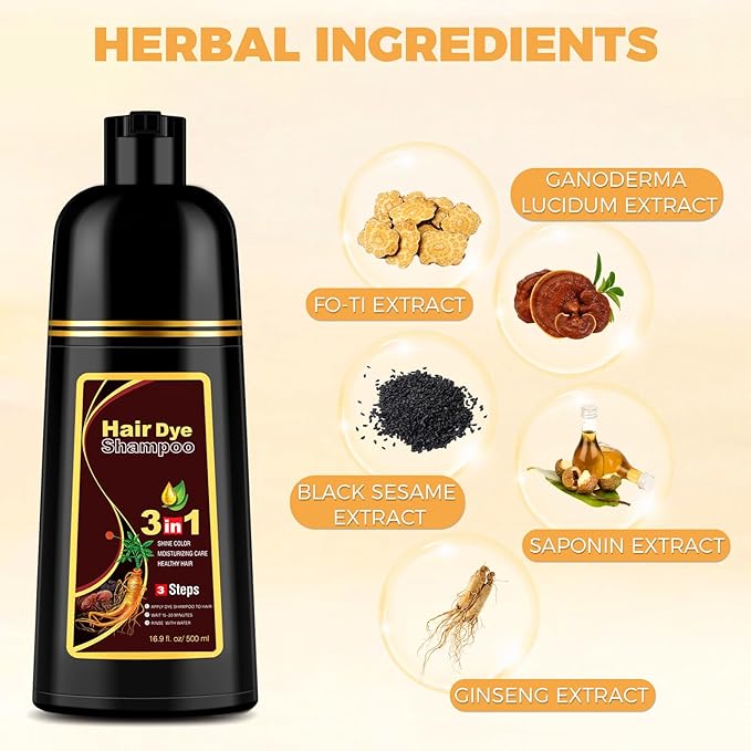 Brown Hair Dye Shampoo 3 in 1 for Gray Hair Coverage, Hair Color Shampoo for Women Men, Herbal Ingredients Shampoo Para Pintar el Cabello (16.9 Oz)
