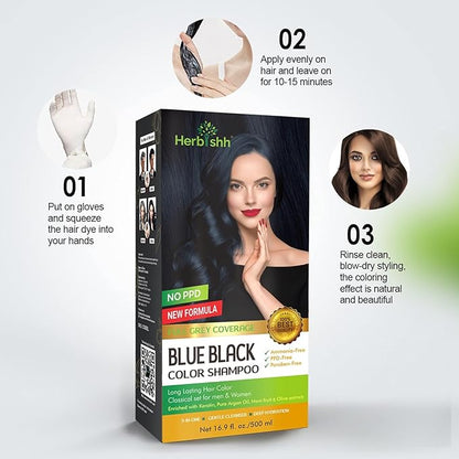 Combo Pack-2pcs Herbishh Hair Color Shampoo for Gray Hair+ 1pc Argan Intense Hair Mask- Hair Dye Shampoo – Colors Hair in Minutes – Long-lasting color– 500 Ml –Stimulates Dry Frizzy Hair (Blue Black)