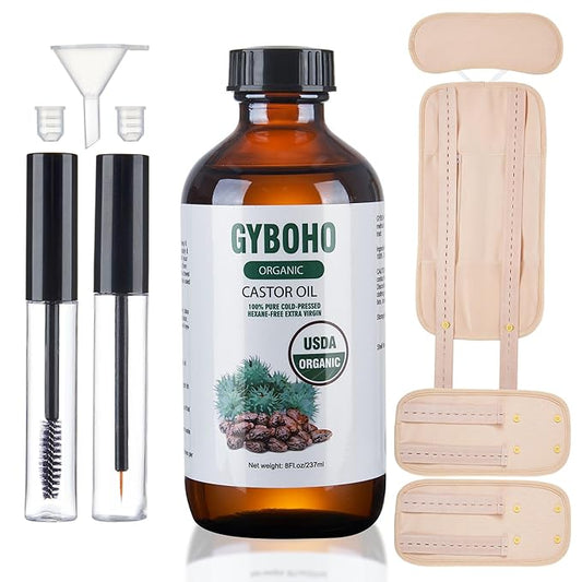 Castor Oil Organic Cold Pressed Unrefined Glass Bottle,Castor Oil Pack Wrap Organic Cotton for Stomach-Neck-Abdomen -Knee-Arm-Liver Detox.organic castor oil for Hair Growth -Face-Lashes & Eyebrows