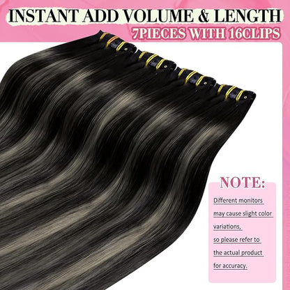 YoungSee 135G Clip in Hair Extensions Ombre Clip in Hair Extensions Human Hair Blend of Black and Silver with Black Roots Black Women for Natural Look 16In