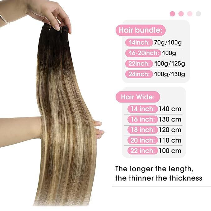 YoungSee Sew in Hair Extensions Real Human Hair Brown Balayage Weft in Extensions Darkest Brown to Brown with Blonde Rooted Brown Thick Human Hair Weft Extensions Long for Women 24Inch 100G