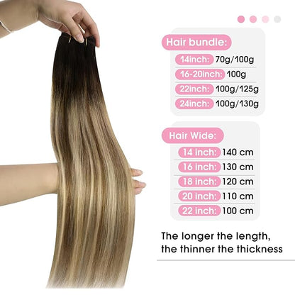 YoungSee Sew in Hair Extensions Real Human Hair Brown Balayage Weft in Extensions Darkest Brown to Brown with Blonde Rooted Brown Thick Human Hair Weft Extensions Long for Women 24Inch 100G