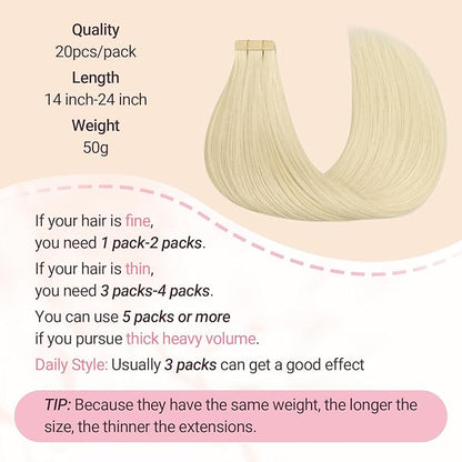 MAXITA Hair Extensions Real Human Hair Tape in, 50g 16 Inch Platinum Blonde Invisible Tape in Extensions Human Hair 20pcs Invisible Seamless Hair Extensions Straight Hair