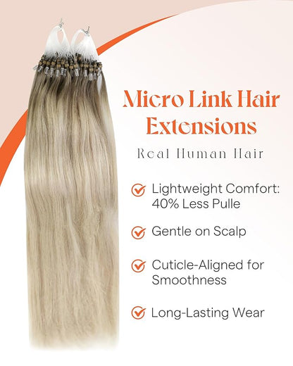 Sunny Hair Micro Link Hair Extensions Human Hair Soft and Silky Micro Hair Extensions Real Human Hair Balayage Ash Blonde Mix Platinum Blonde Micro Loop Hair Extensions 14inch 50g