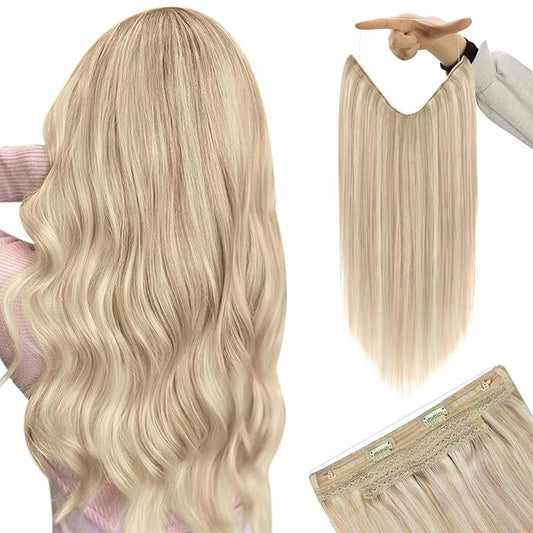 YoungSee Wire Hair Extensions Highlight Blonde Invisible Wire Real Human Hair Extensions Highlights Dark Ash Blonde to Blonde Fish Line Hair Extensions for Women 120G 18Inch