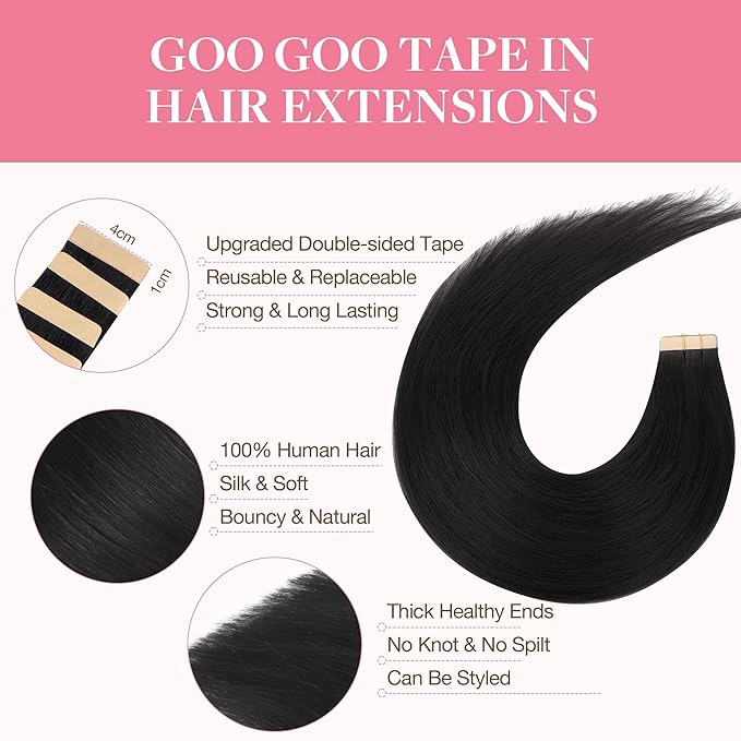 GOO GOO Tape in Hair Extensions Human Hair, 1 Jet Black, 14inch 20pcs 50g, Silky Straight, Thick Ends, Natural-Looking, Double-Sided Tape in