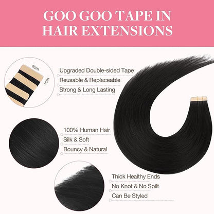 GOO GOO Tape in Hair Extensions Human Hair, 1 Jet Black, 14inch 20pcs 50g, Silky Straight, Thick Ends, Natural-Looking, Double-Sided Tape in